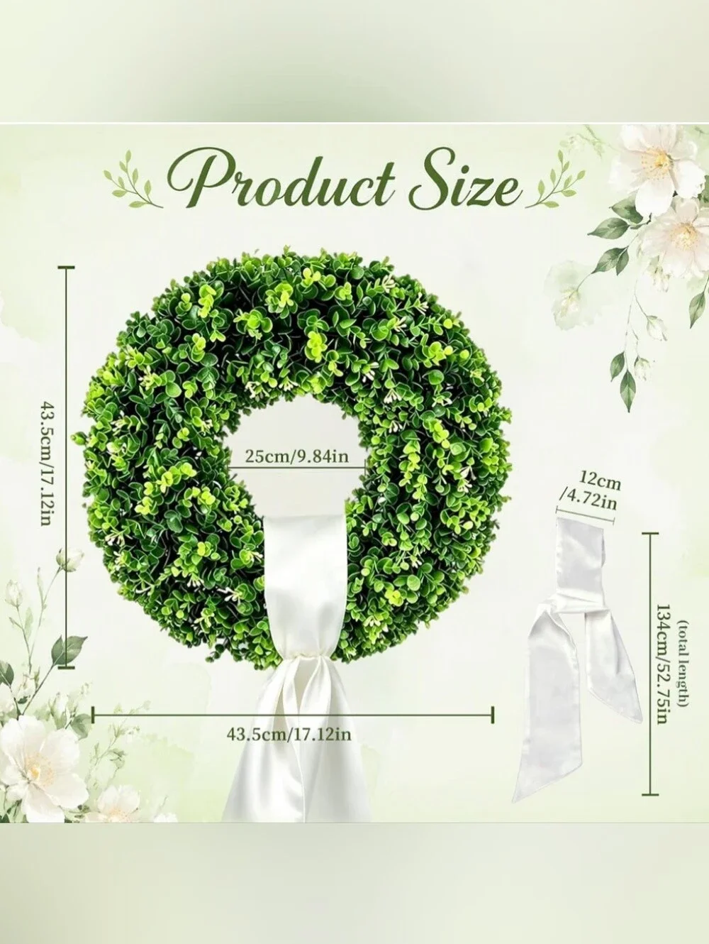 Artificial Boxwood Wreath w/ White Ribbon 17